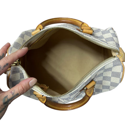 LOUIS VUITTON Damier Azur Speedy 25 Handbag White, Blue Gold Hardware LO2142