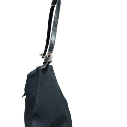 FENDI Nylon Canvas Baguette (though the shape is more of a hobo/shoulder bag, the buckle is iconic Fendi, often associated with Baguette styles) Shoulder Bag Black Silver Hardware Fe387