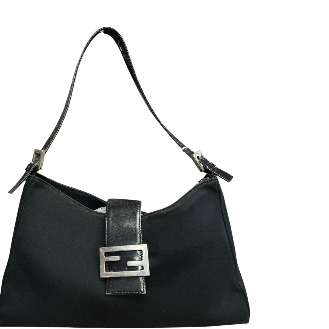 FENDI Nylon Canvas Baguette (though the shape is more of a hobo/shoulder bag, the buckle is iconic Fendi, often associated with Baguette styles) Shoulder Bag Black Silver Hardware Fe387