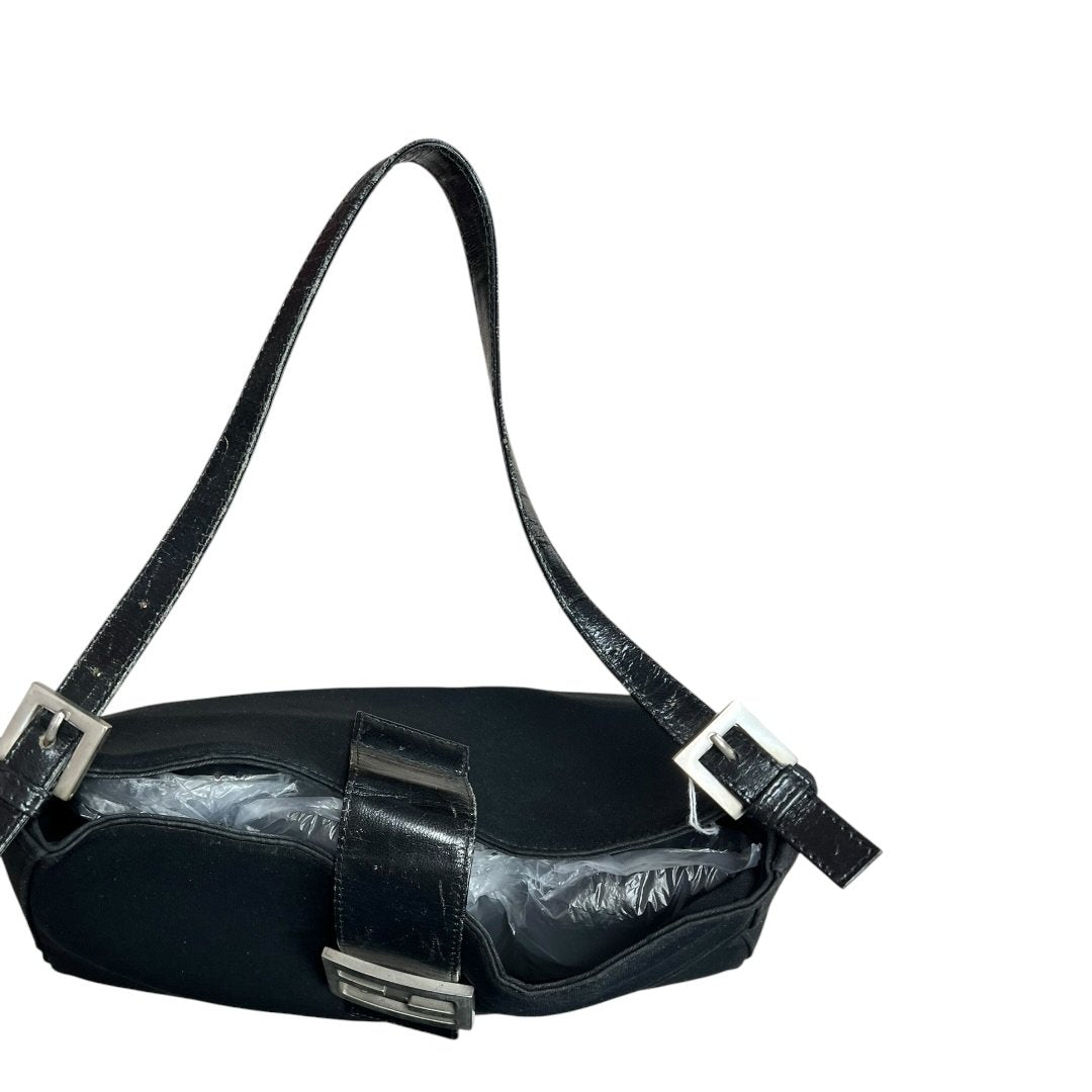 FENDI Nylon Canvas Baguette (though the shape is more of a hobo/shoulder bag, the buckle is iconic Fendi, often associated with Baguette styles) Shoulder Bag Black Silver Hardware Fe387
