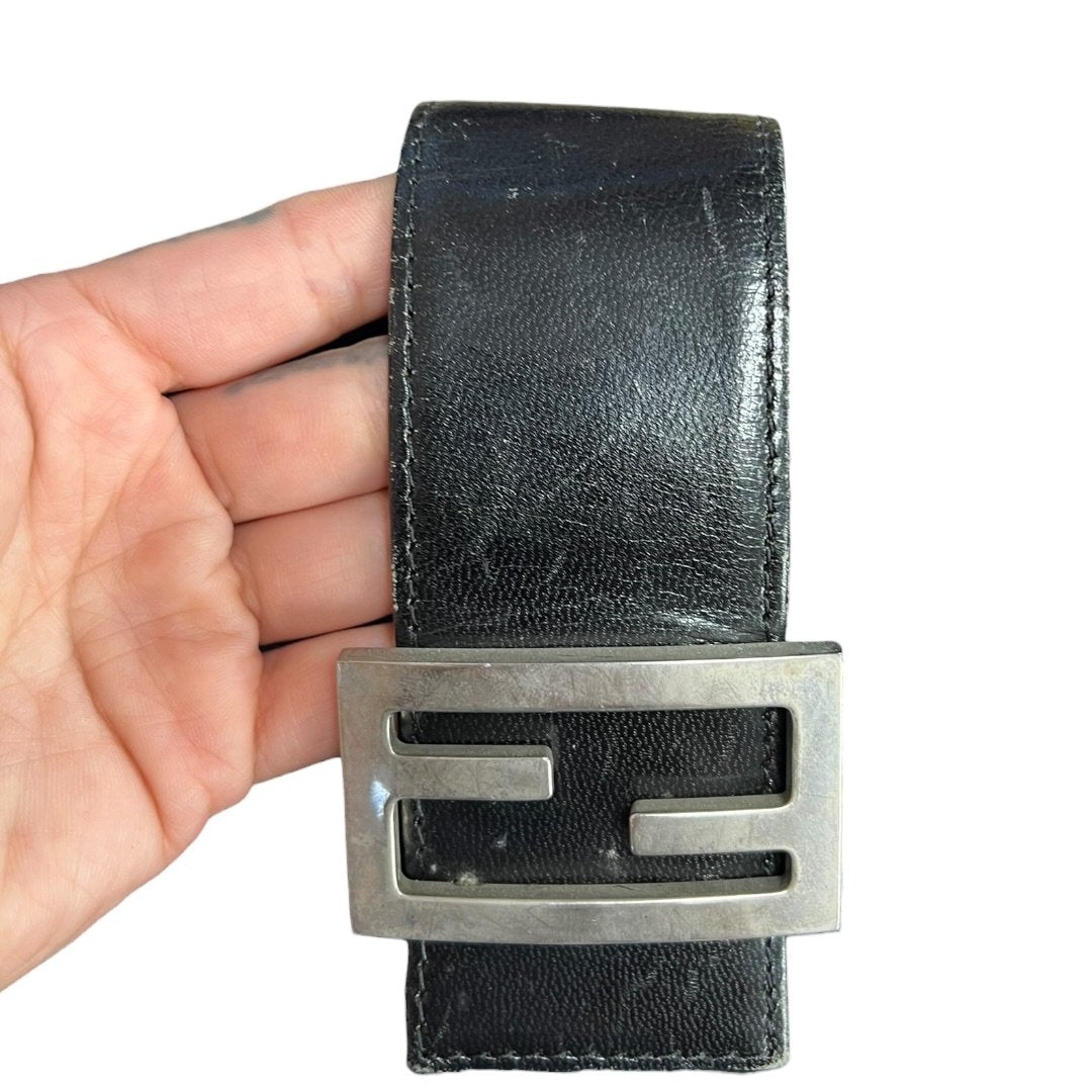 FENDI Nylon Canvas Baguette (though the shape is more of a hobo/shoulder bag, the buckle is iconic Fendi, often associated with Baguette styles) Shoulder Bag Black Silver Hardware Fe387