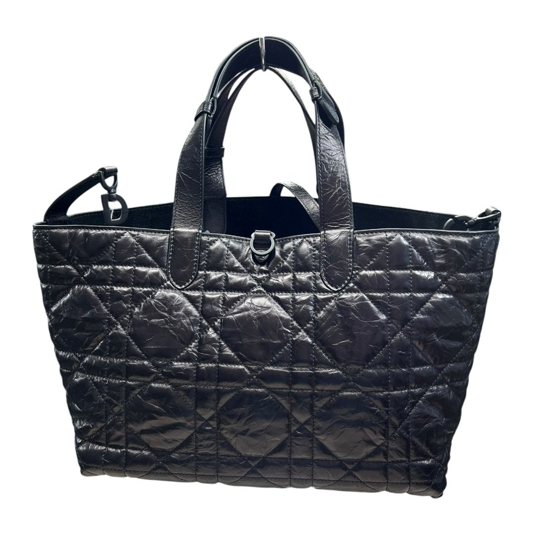 CHRISTIAN DIOR Glazed Leather Cannage Tote Tote Bag Black Black-tone Hardware Ch2179