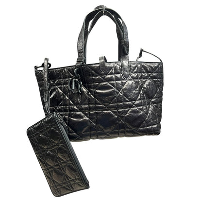 CHRISTIAN DIOR Glazed Leather Cannage Tote Tote Bag Black Black-tone Hardware Ch2179