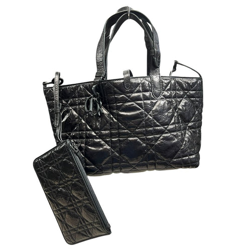 CHRISTIAN DIOR Glazed Leather Cannage Tote Tote Bag Black Black-tone Hardware Ch2179