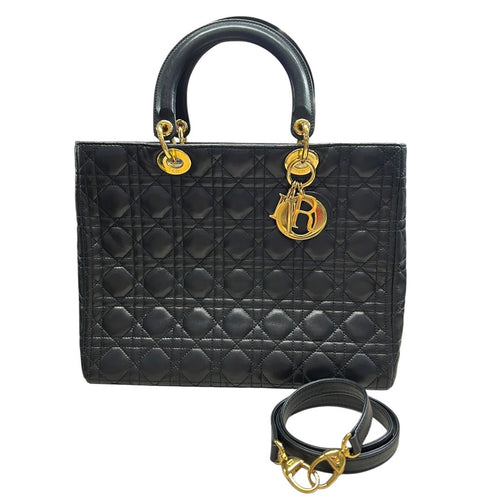 CHRISTIAN DIOR Quilted Leather Lady Dior Handbag Black Gold Hardware Ch2180