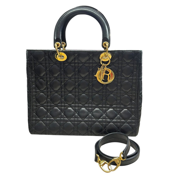 CHRISTIAN DIOR Quilted Leather Lady Dior Handbag Black Gold Hardware Ch2180