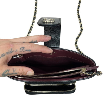CHANEL Caviar Quilted Phone Holder with Chain Shoulder Bag Black Gold Hardware CH2185