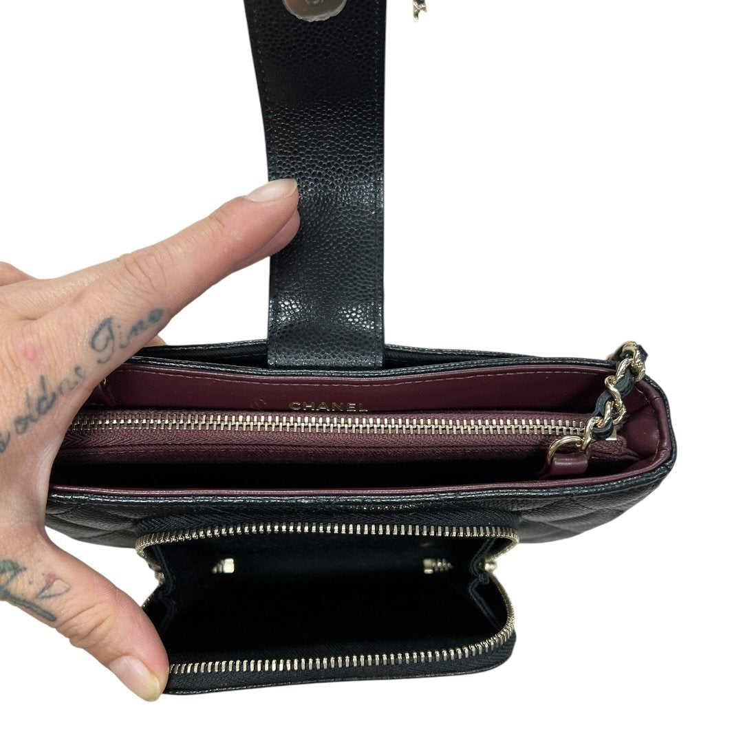 CHANEL Caviar Quilted Phone Holder with Chain Shoulder Bag Black Gold Hardware CH2185
