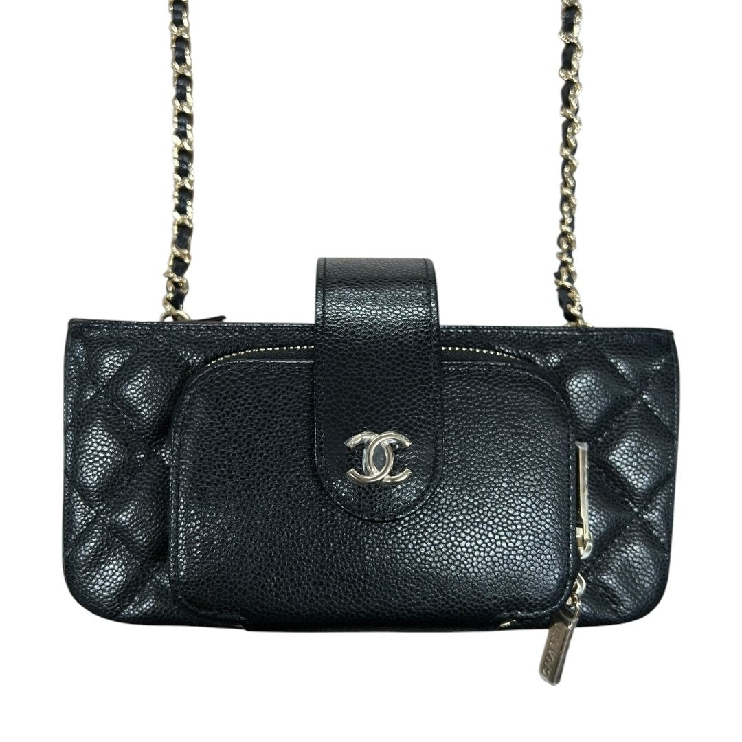 CHANEL Caviar Quilted Phone Holder with Chain Shoulder Bag Black Gold Hardware CH2185