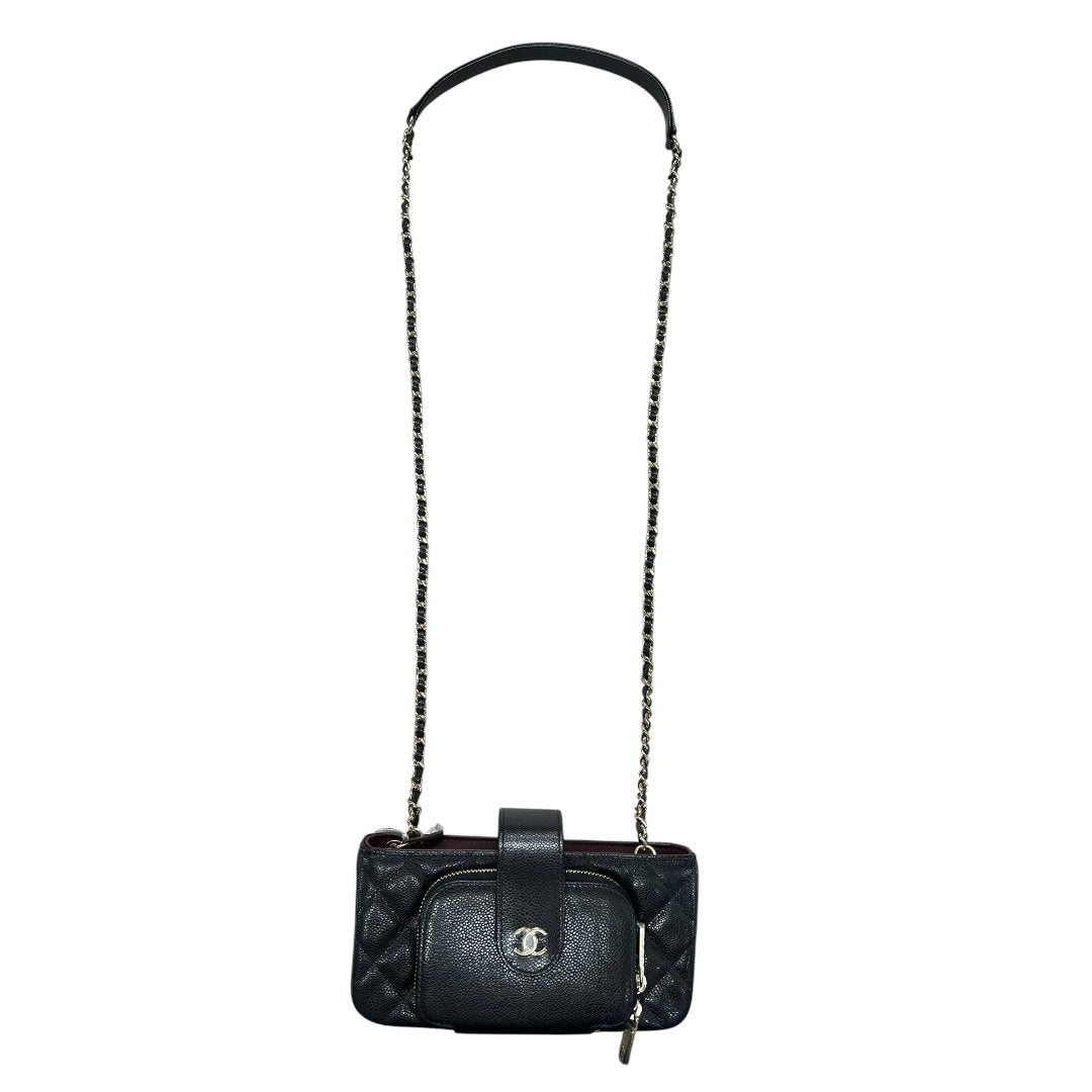 CHANEL Caviar Quilted Phone Holder with Chain Shoulder Bag Black Gold Hardware CH2185