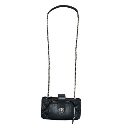 CHANEL Caviar Quilted Phone Holder with Chain Shoulder Bag Black Gold Hardware CH2185