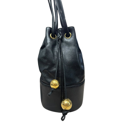 CHANEL Grained Calfskin Drawstring Bucket Bag Shoulder Bag Black Gold Hardware CH2183