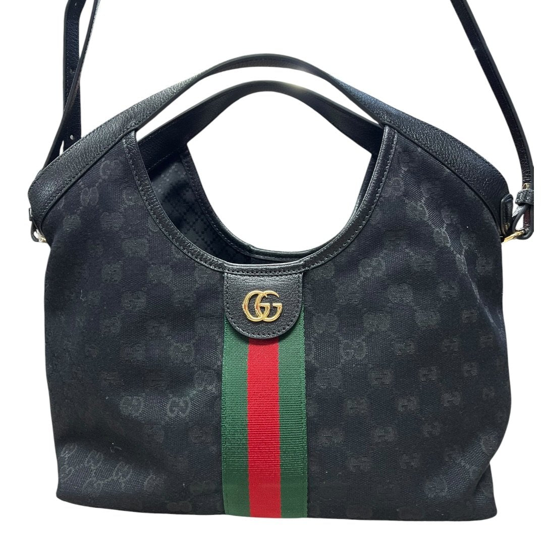 GUCCI GG Canvas Ophidia Hobo Bag Shoulder Bag Black Gold Hardware GU679