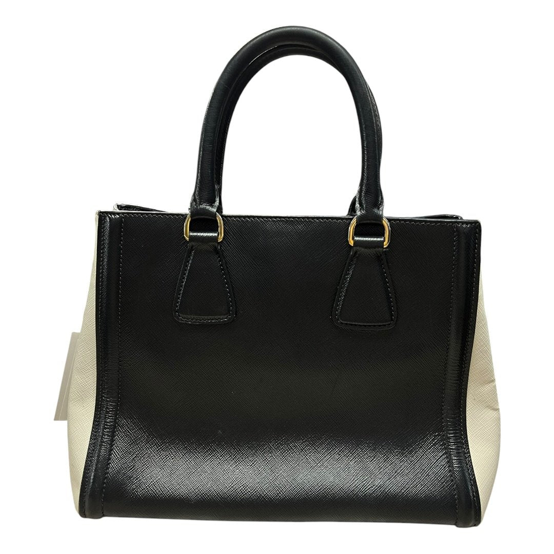 PRADA Saffiano Galleria Tote Handbag Black and Cream Gold Hardware PR214