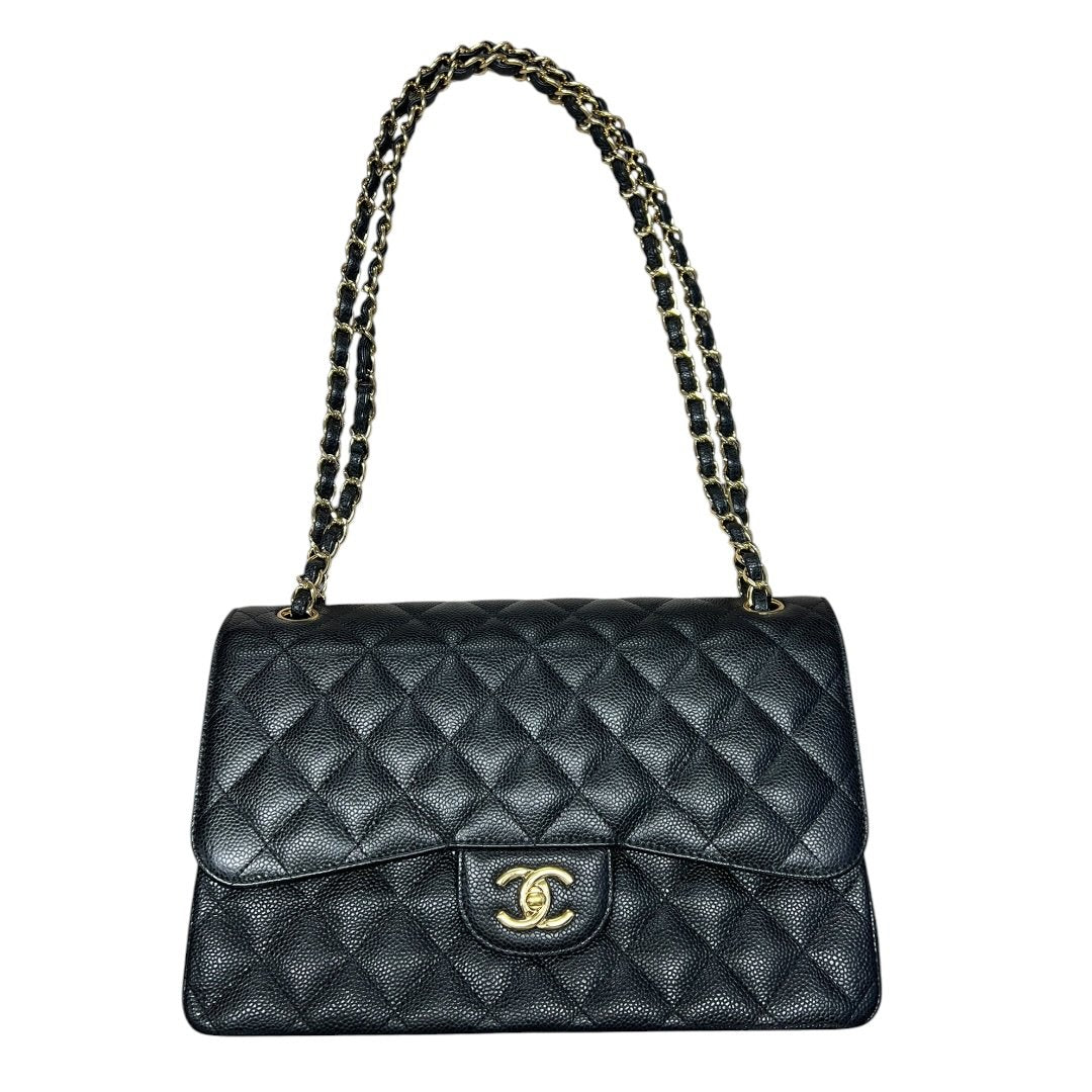 CHANEL Caviar Classic Flap Bag Shoulder Bag Black Gold Hardware CH2188