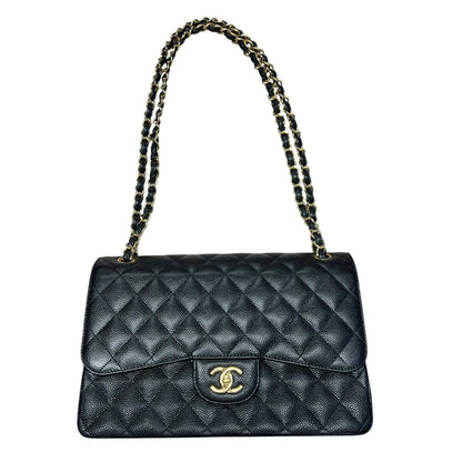 CHANEL Caviar Classic Flap Bag Shoulder Bag Black Gold Hardware CH2188