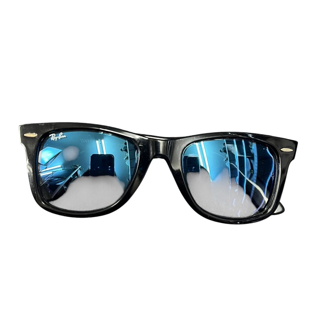 RAY-BAN Acetate Wayfarer Folding RB 2140-F Black with Blue Mirrored Lenses Silver Hardware Ra9
