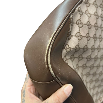 GUCCI Monogram Canvas, Leather Bamboo Top Handle Bag Handbag Beige and Dark Brown Silver Hardware GU684