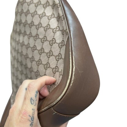 GUCCI Monogram Canvas, Leather Bamboo Top Handle Bag Handbag Beige and Dark Brown Silver Hardware GU684