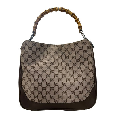 GUCCI Monogram Canvas, Leather Bamboo Top Handle Bag Handbag Beige and Dark Brown Silver Hardware GU684