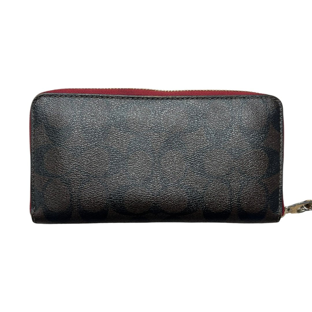 COACH Coated Canvas Signature C Zip Around Wallet with Wristlet Wallet Dark Brown, Red/Burgundy Gold-tone Hardware CO26