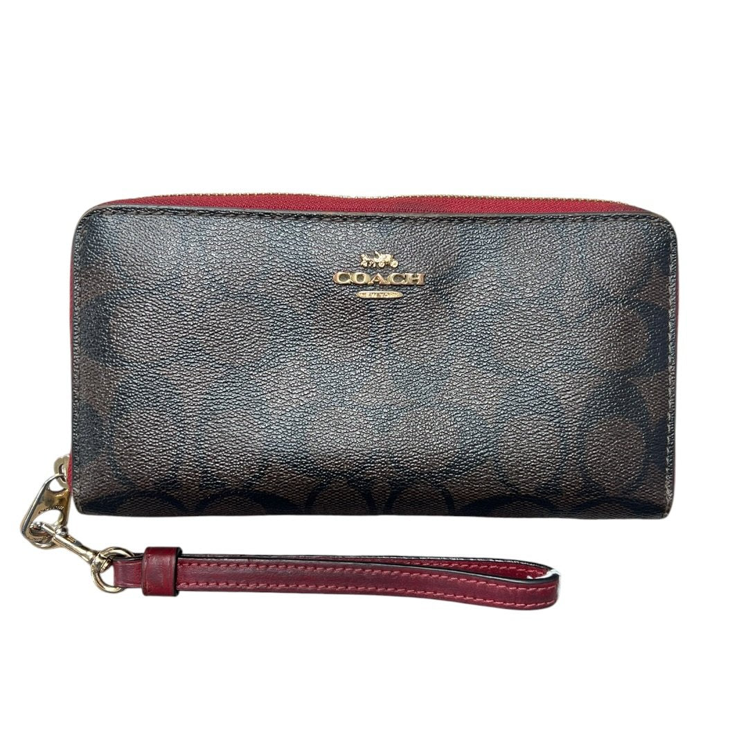 COACH Coated Canvas Signature C Zip Around Wallet with Wristlet Wallet Dark Brown, Red/Burgundy Gold-tone Hardware CO26