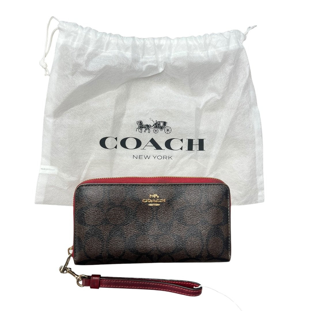 COACH Coated Canvas Signature C Zip Around Wallet with Wristlet Wallet Dark Brown, Red/Burgundy Gold-tone Hardware CO26