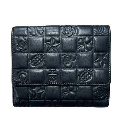 CHANEL Calfskin Timeless Icons Bi-fold Wallet Wallet Black Silver Hardware CH2189