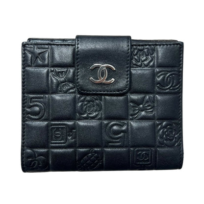 CHANEL Calfskin Timeless Icons Bi-fold Wallet Wallet Black Silver Hardware CH2189