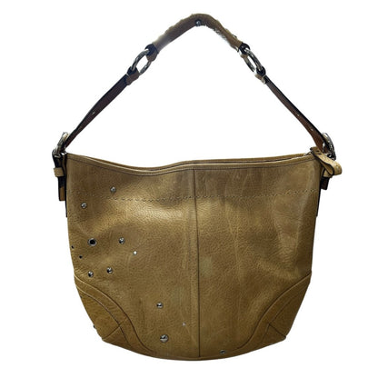 COACH Leather Studded Hobo Bag Shoulder Bag Tan Silver Hardware CO27