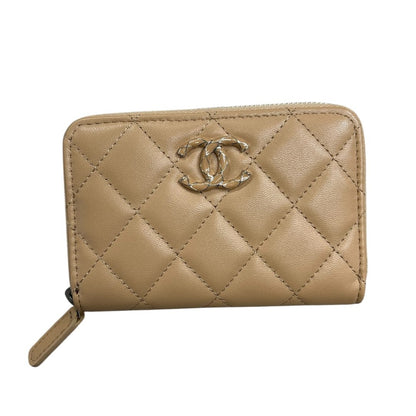 CHANEL Lambskin Zip Around Wallet Wallet Beige Silver Hardware CH2195
