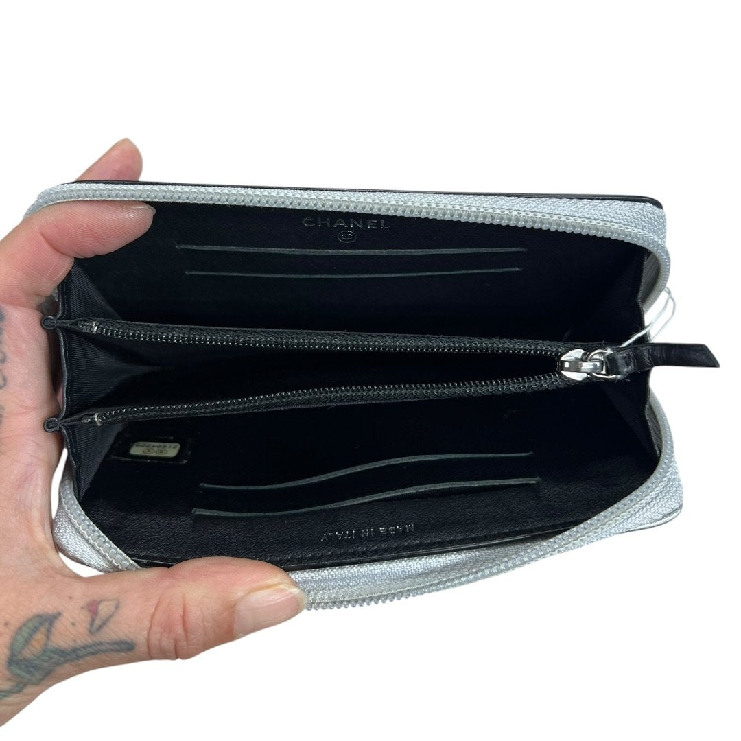CHANEL Calfskin Boy Chanel Wallet Wallet Silver and Black Silver Hardware CH2196