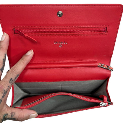 CHANEL Caviar Wallet On Chain Shoulder Bag Coral Silver Hardware CH2194