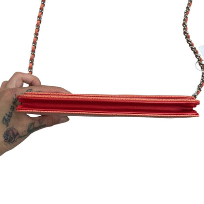 CHANEL Caviar Wallet On Chain Shoulder Bag Coral Silver Hardware CH2194