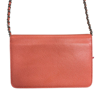 CHANEL Caviar Wallet On Chain Shoulder Bag Coral Silver Hardware CH2194