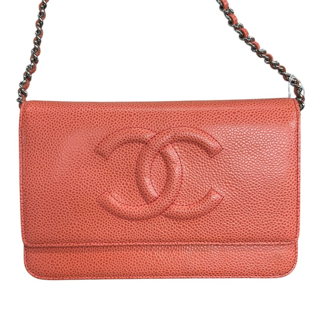 CHANEL Caviar Wallet On Chain Shoulder Bag Coral Silver Hardware CH2194