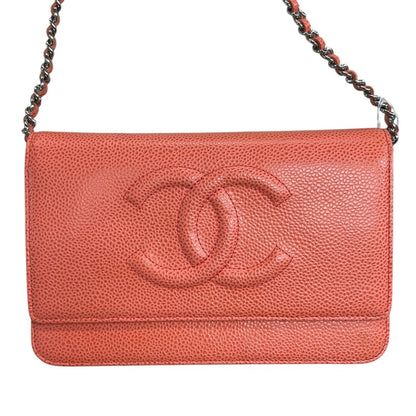 CHANEL Caviar Wallet On Chain Shoulder Bag Coral Silver Hardware CH2194