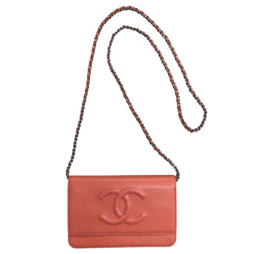 CHANEL Caviar Wallet On Chain Shoulder Bag Coral Silver Hardware CH2194