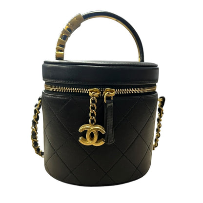 CHANEL Lambskin Vanity Case Shoulder Bag Black Gold Hardware CH2192