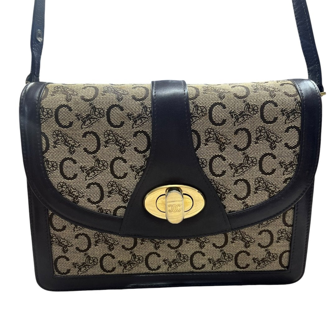 CELINE C Macadam Canvas C Macadam Horse Carriage Flap Bag Shoulder Bag Brown, Beige Gold Hardware CE271