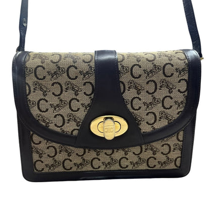 CELINE C Macadam Canvas C Macadam Horse Carriage Flap Bag Shoulder Bag Brown, Beige Gold Hardware CE271