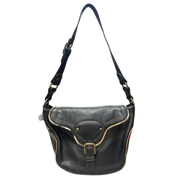 BURBERRY Grained Leather Shoulder Bag Black Antique Gold Hardware BU1225
