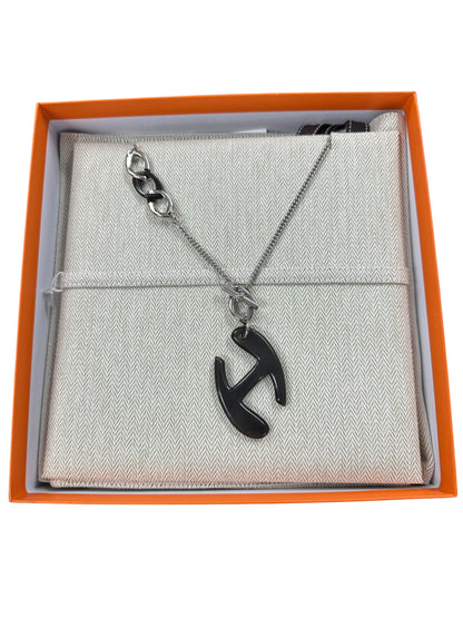 HERMES Buffalo Horn Pendant Chain Necklace Black Silver Hardware HE466