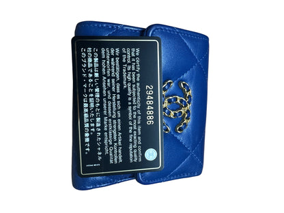 CHANEL Lambskin Chanel 19 Small Trifold Wallet Blue Gold Hardware CH2204