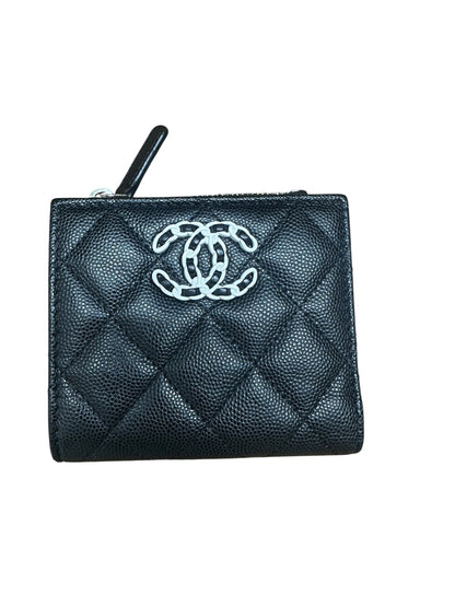 CHANEL Caviar Chanel 19 Small Compact Wallet Black Silver Hardware CH2205