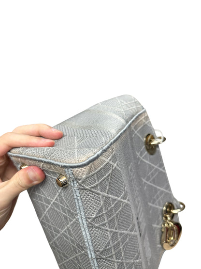 Christian Dior Cannage Embroidered Canvas Lady D-Lite Medium Handbag Gray Gold Hardware Ch2199