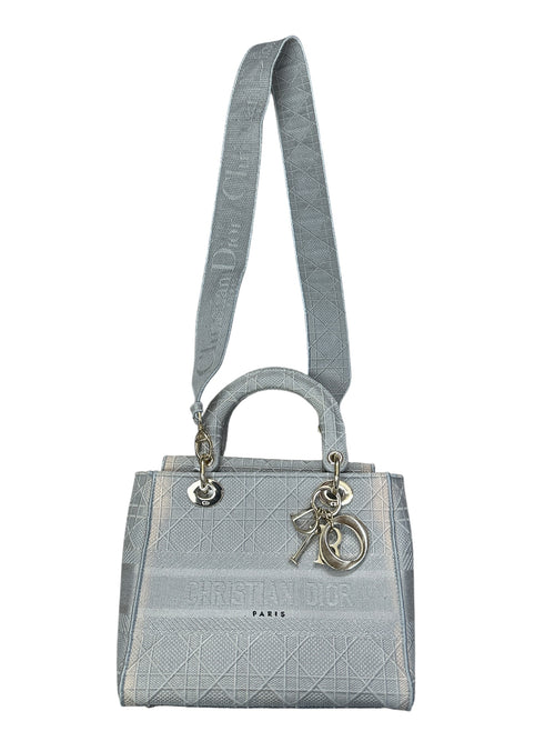 Christian Dior Cannage Embroidered Canvas Lady D-Lite Medium Handbag Gray Gold Hardware Ch2199