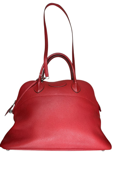 HERMES Clemence Leather Bolide 35 Handbag Red Silver Hardware HE467