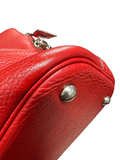 HERMES Clemence Leather Bolide 35 Handbag Red Silver Hardware HE467