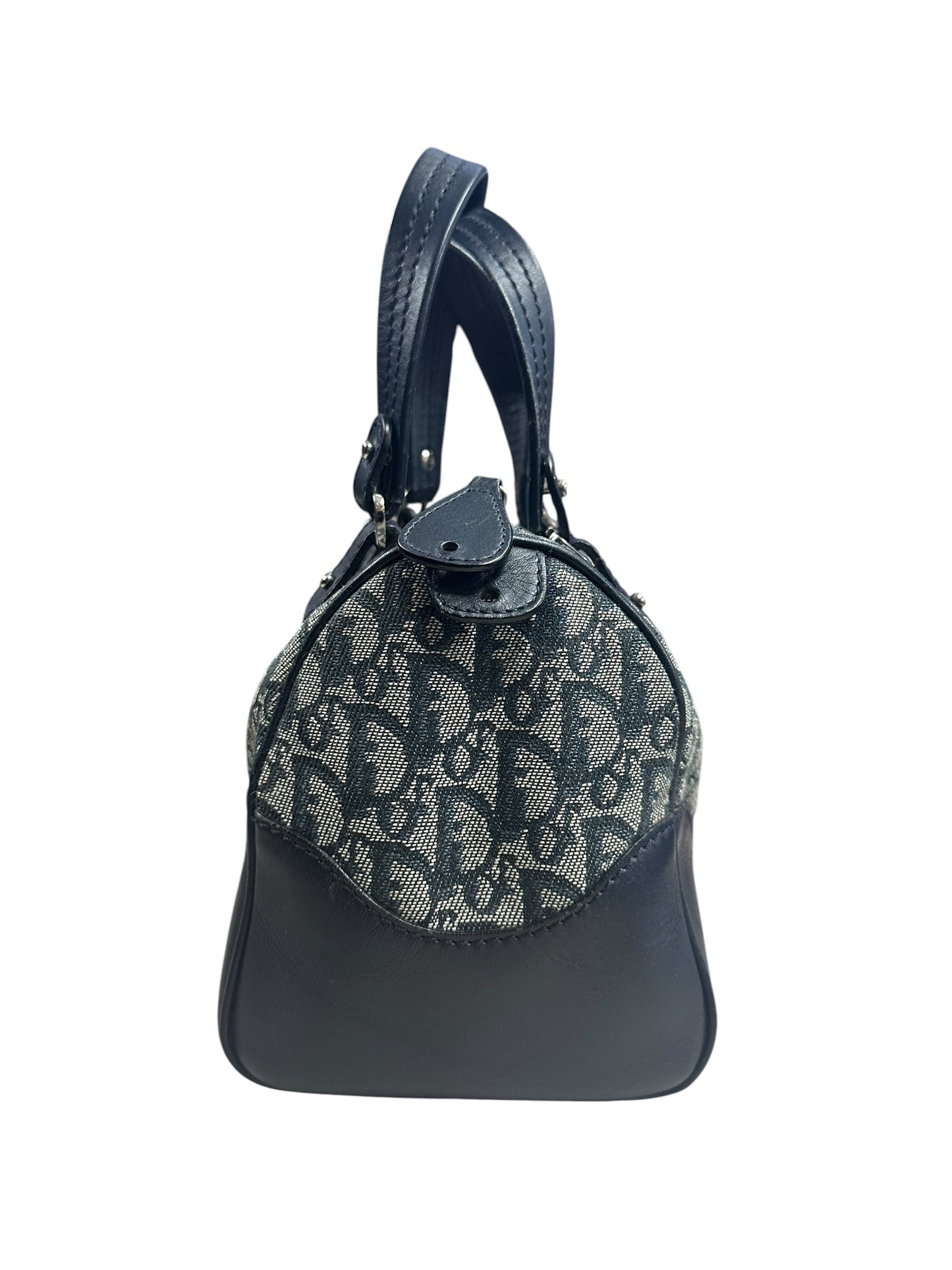 CHRISTIAN DIOR Trotter Jacquard Boston Handbag Navy Silver Hardware CH2206
